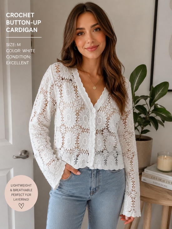 Source Unknown Sweaters - Source Unknown White Crochet Button-Up Cardigan